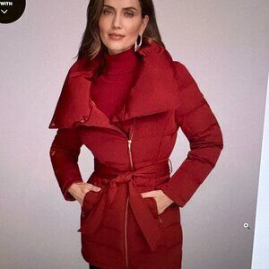 Donna Karan NY Red, Belted, Asymmetric Puffer Coat. Size XXS